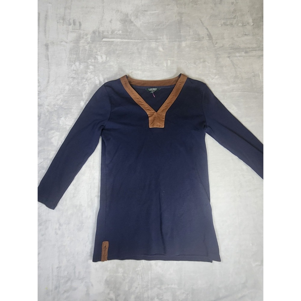 Lauren Ralph Lauren Womens V Neck Top Size M Navy Blue Preppy Faux Suede Trim